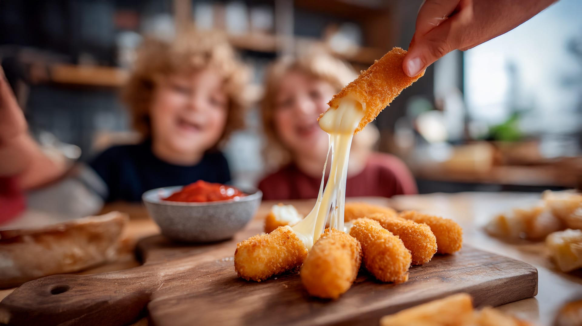 familia viendo palitos de mozzarella
